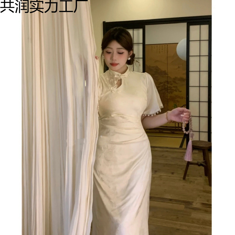 新中式国风连衣裙夏季新款气质优雅收腰显瘦杏色短袖旗袍裙子大码|undefined