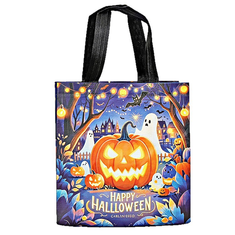 Pumpkin Graphic Laminated Nonwoven Black Handle Tote Bag 5