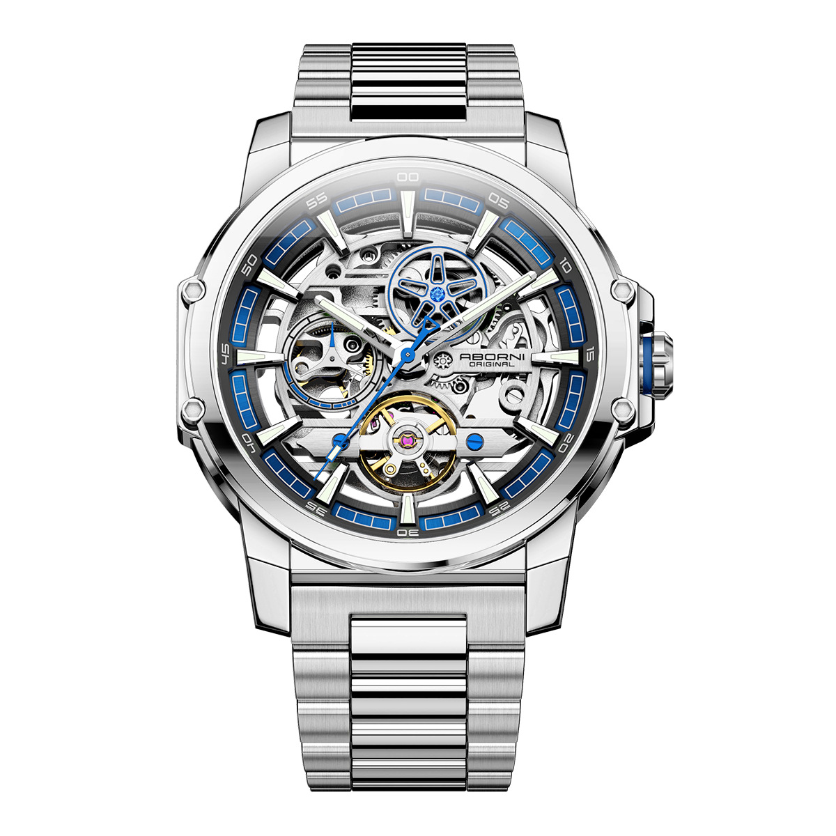 YBN9039 실버 쉘 블루 링 스틸 벨트 기계