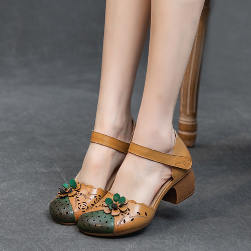  Summer New Women's Medium Hollow Sandals Ethnic Style Top Grain Leather Thick Heel Magic Tape Flower Embroidered Colorful Shoes