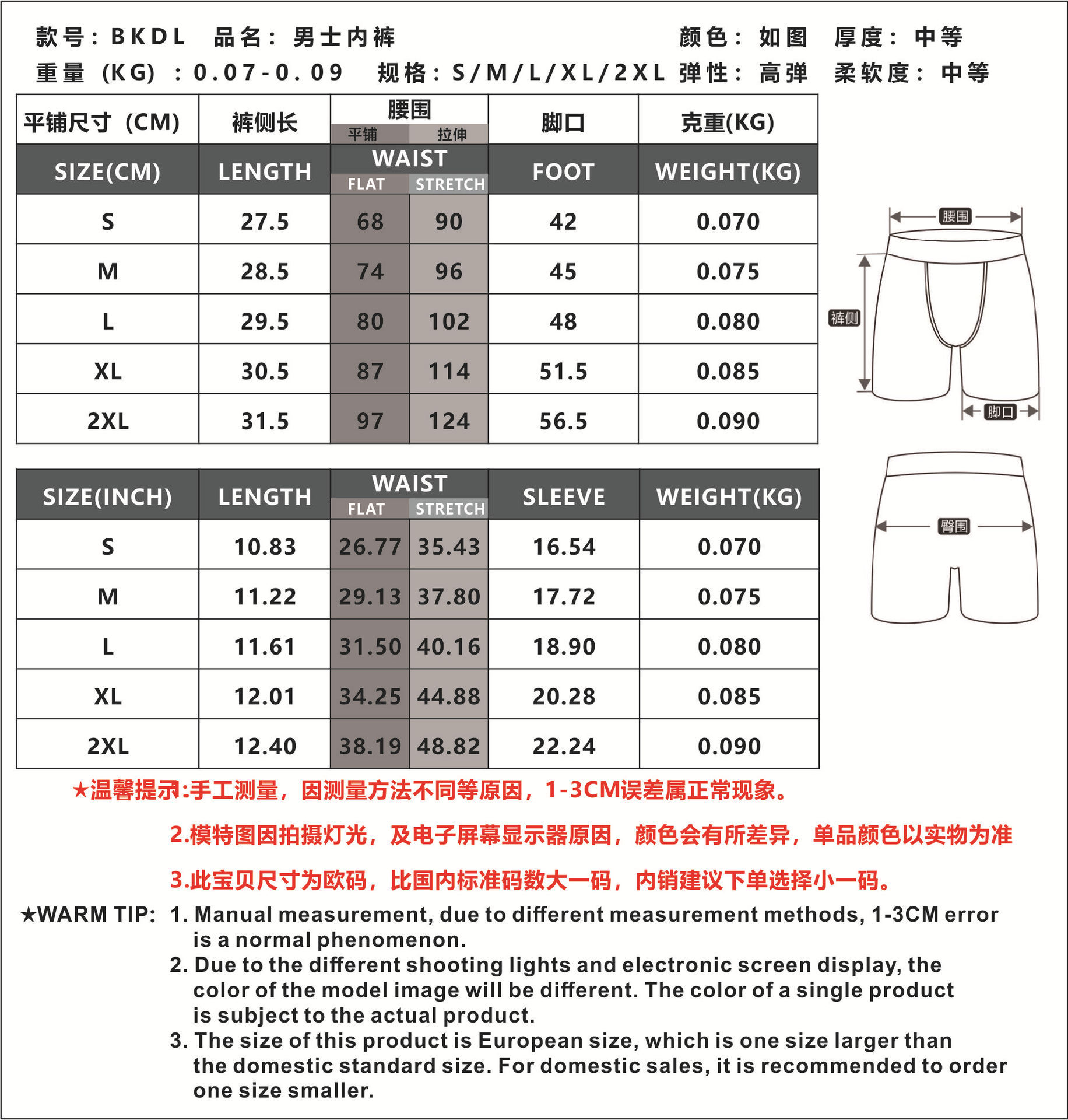 内裤尺码表