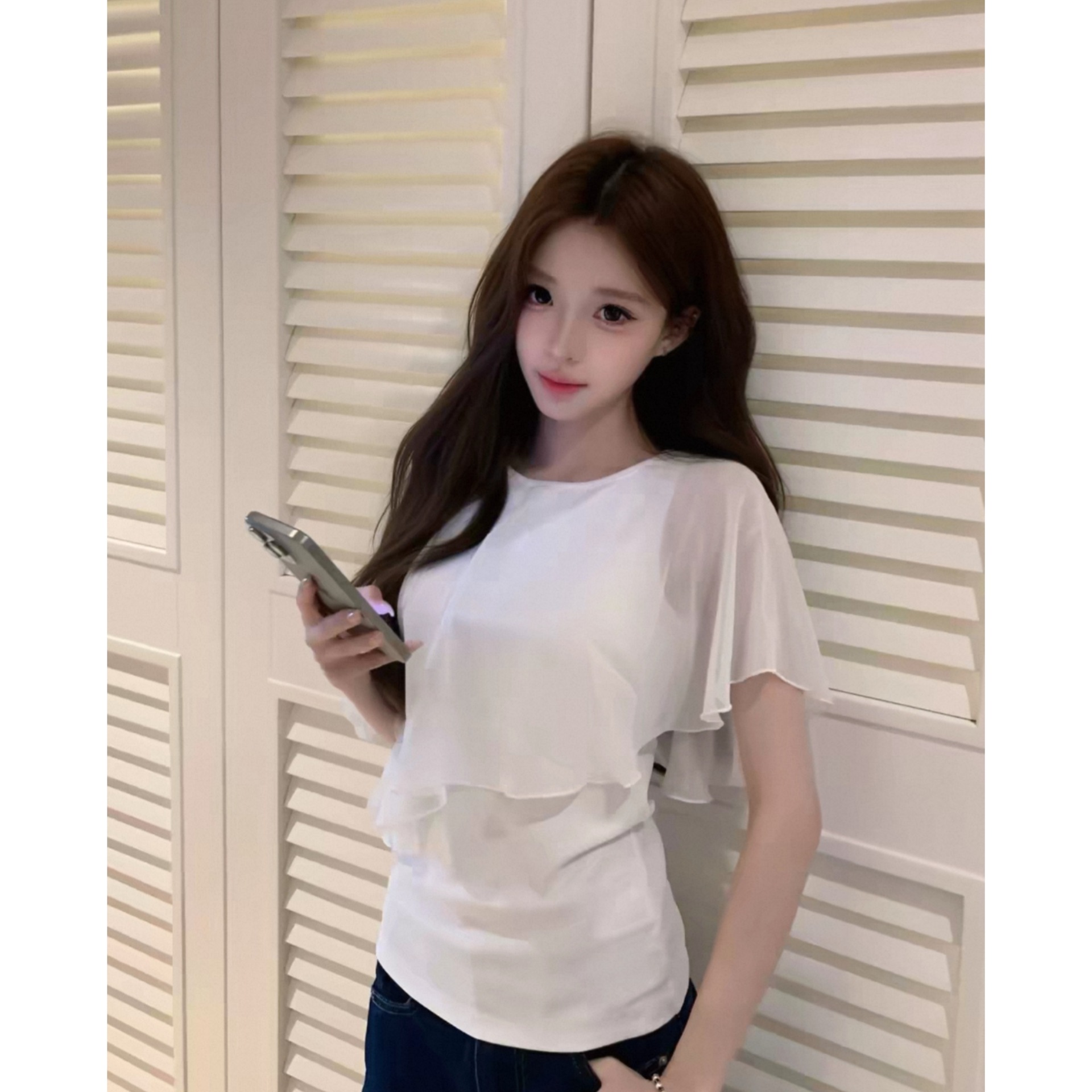 Vacation-ready, stylish cape-style short-sleeved top, new summer style for women, mesh patchwork, slim fit, flattering and slimming, 26203
