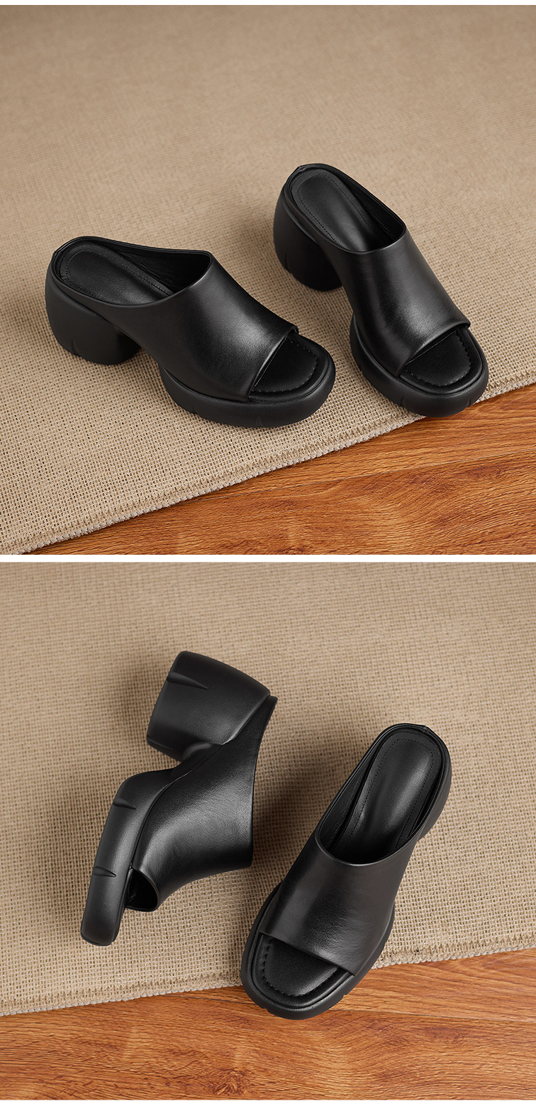 Sandal cao gót nữ hở mũi quai ngang da thật gót vuông 9 cm — màu đen, màu trắng ngà chi tiết 15