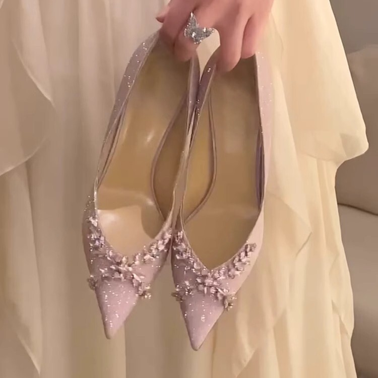 Beautiful wedding shoes with wedding dress stiletto heel rhinestone temperament socialite high heels stiletto flash fairy style shoes super high heel