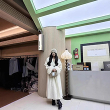 千金感贝贝羊驼狐狸毛袖口双面呢大衣青果领长浴袍大衣立体装饰