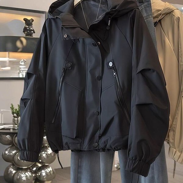 Stylish Plus-Size Casual Hooded Windbreaker Jacket for Women, Trendy Spring and Autumn 300Gsm Jacket, Loose and Fashionable, from Reputable Seller