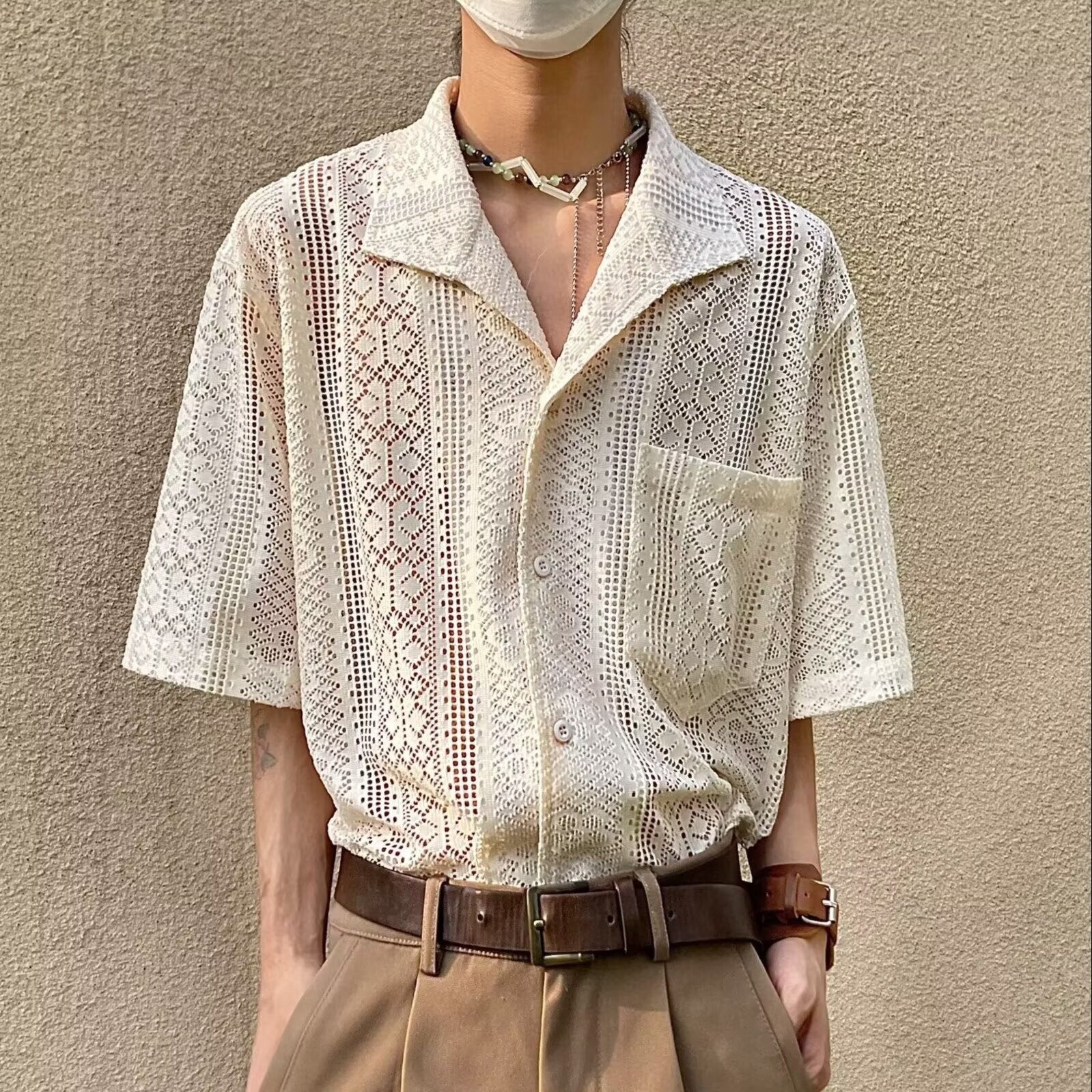 Camisa POLO Cárdigan de solapa de manga corta para hombre, seda de hielo de verano hueca, camiseta casual de negocios británicos, comercio exterior, venta al por mayor transfronteriza