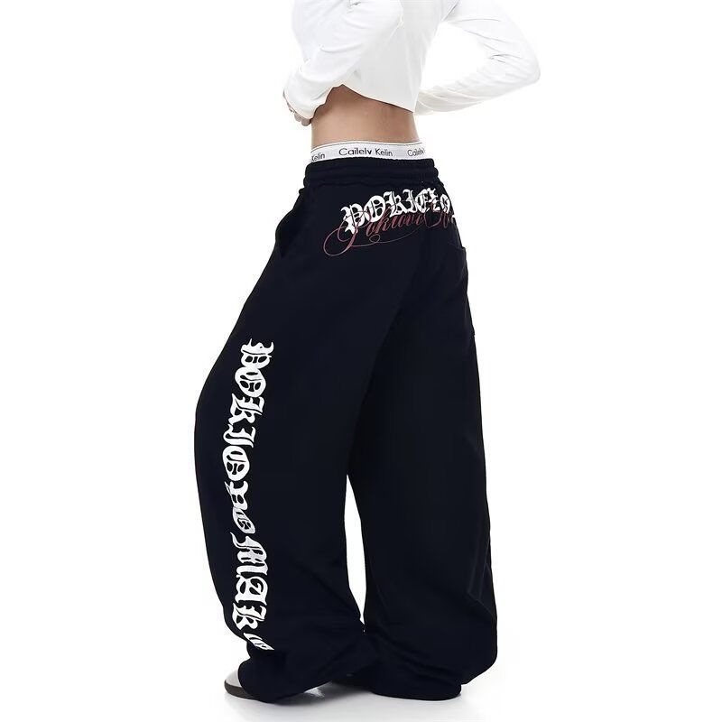 Good Quality American Retro Gothic Letter Print Scimitar Sweatpants for Men and Women Street Dance Sports Loose Casual Wide-Leg Pants