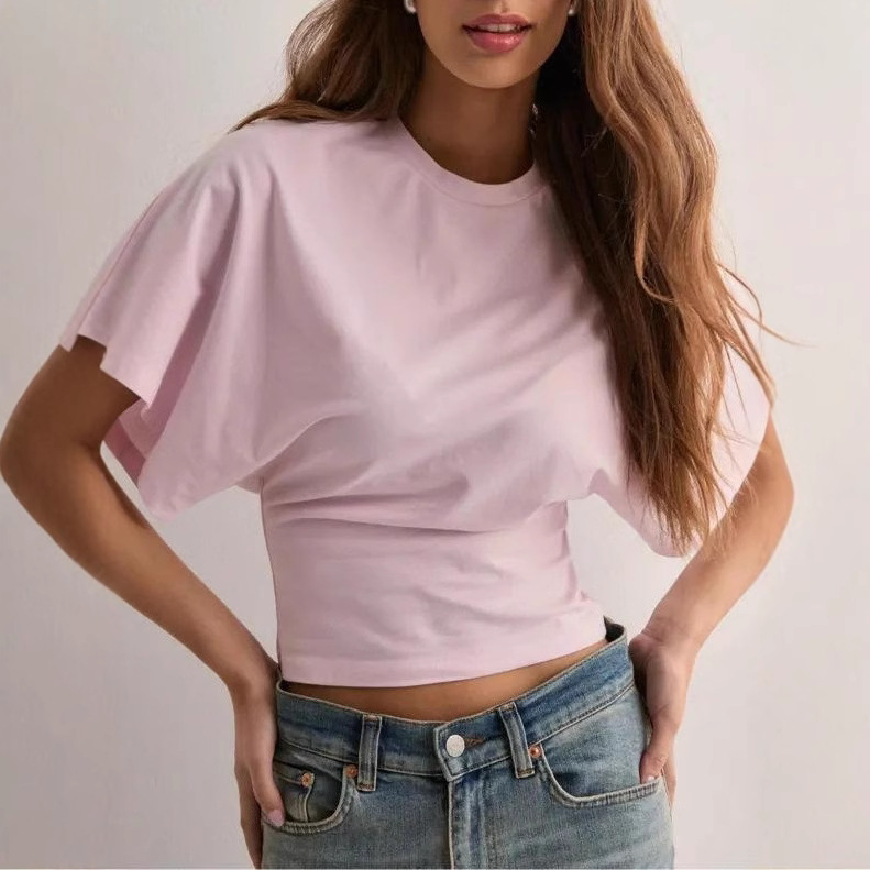 2025 Summer New Korean Version Design Round Neck Pullover Short-sleeved T-shirt Fashion Short Solid Color Women's Clothing_ecoleips.com