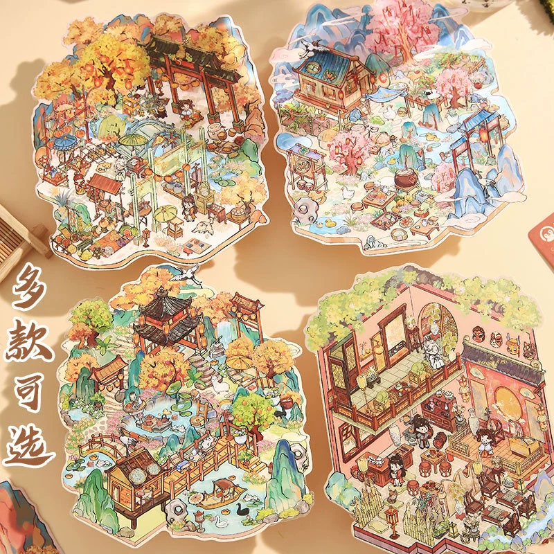 3D Landscaping Flat Stickers (Mr. Paper) Chinese Style DIY Scenic Decals, Pack of 12