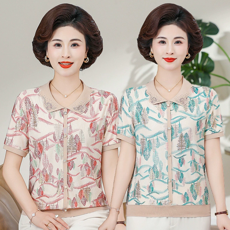 2025 весна и осень мама мода минус возраст трикотажные рубашки весна и осень новая средняя и пожилая женщина осенний темперамент топ с отворотами