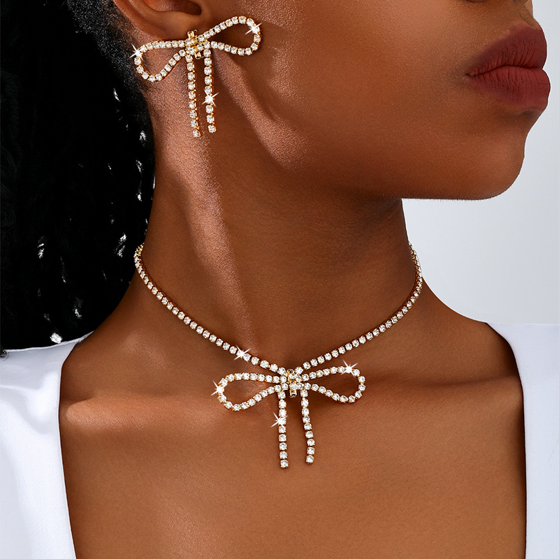 Copper elegant retro women's glass necklace and bracelet with bow