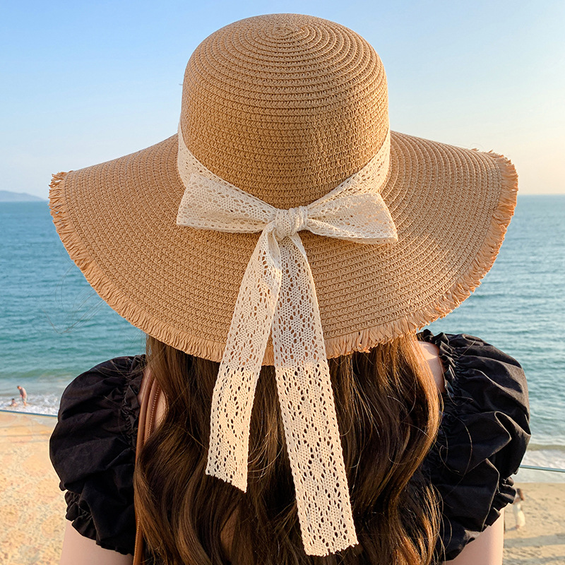 Korean Version of Small Fresh Sweet Fashionable Sunshade Hat for Women in Summer Large Brimmed Ribbon Outdoor Hat Large Brim Sun Hat Straw Hat_voghion.com