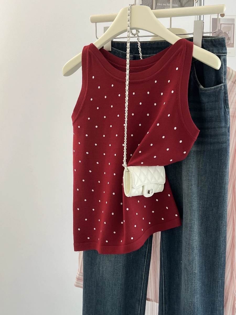 Бордовый вязаный жилет в горошек для женщин, летний тонкий тонкий топ без рукавов в гонконгском стиле в стиле ретро