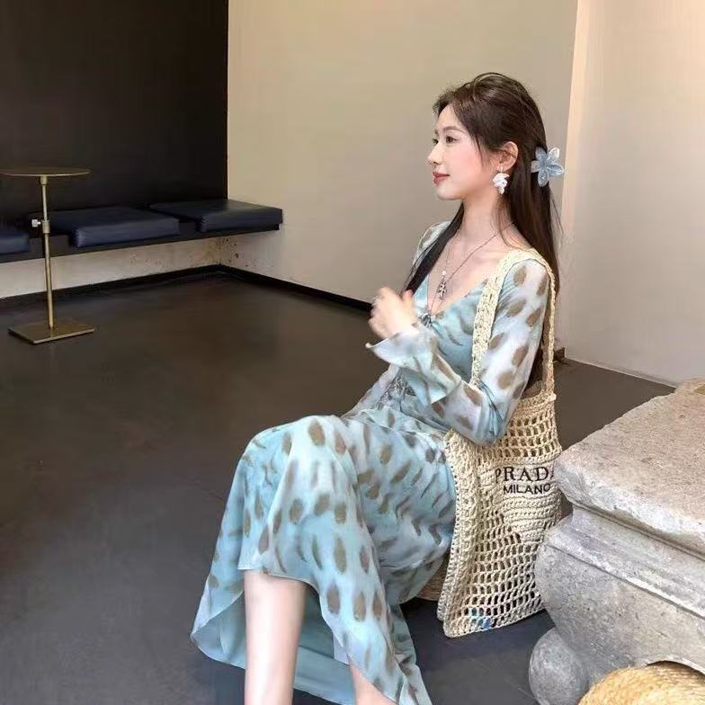 2025法式晕染系带长袖连衣裙女装春秋季气质减龄收腰包臀裙中长裙|undefined