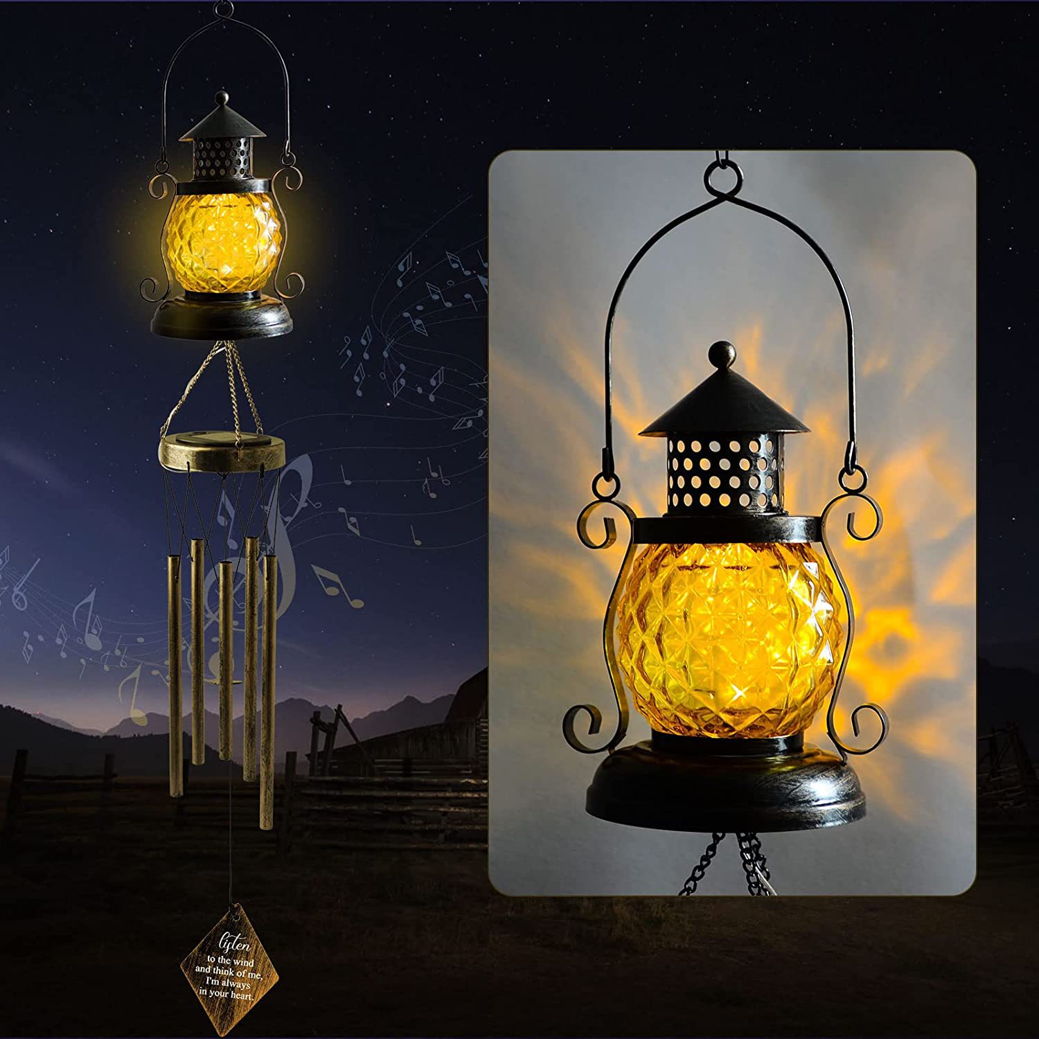 Nueva lámpara de jardín solar hierro hueco Sol Luna viento campanas colgante LED al aire libre jardín paisaje Decoración