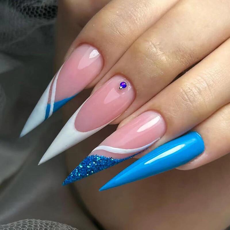 European and American French White Edge Wearable Nails Blue Sequin Purple Diamond Manicure Fake Nails Elegant Super Long Pointed Nails