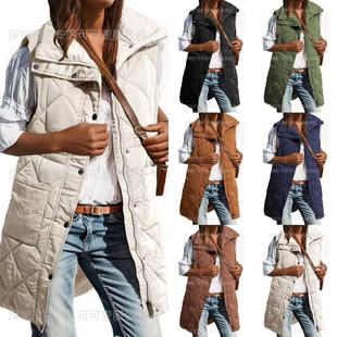 European and American Cross-border Autumn and Winter New Solid Color Lapel Zipper Mid-length Cotton-padded Jacket Vest Slim-fit Elegant Jacket for Women