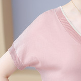 中老年女裝夏季冰絲針織衫涼爽透氣時尚V領媽媽裝短袖拼色上衣T恤，女裝T恤，妃慕昵服飾