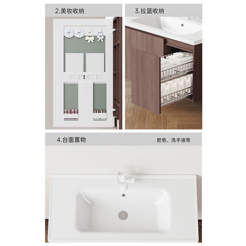 Gabinete de baño de estilo medieval de color nuez grueso de aluminio lavabo de panal de cerámica lavabo de baño de cesta de tirar de la mesa de lavado