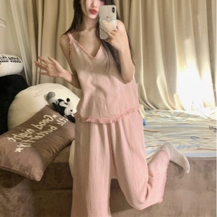 South Korea Ins Women's Summer New Arrival Women's Summer Backless Beard Lace Sling Trousers Home Clothes Pajamas suit