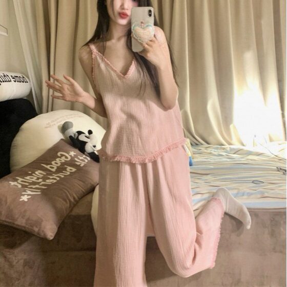 South Korea Ins Women's Summer New Arrival Women's Summer Backless Beard Lace Sling Trousers Home Clothes Pajamas suit