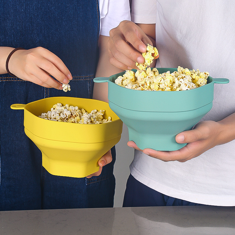 Cubo/bol para palomitas de maíz de silicona resistente al microondas y altas temperaturas, de Amazon transfronterizo, grande, con mango.