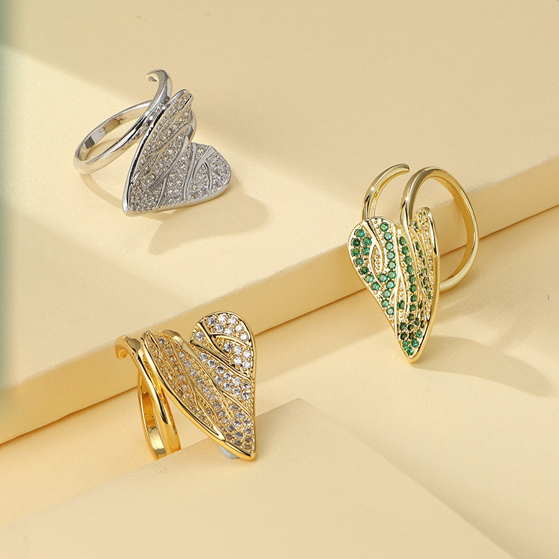 Simple Style Leaves Copper Inlay Zircon Rings 1 Piece