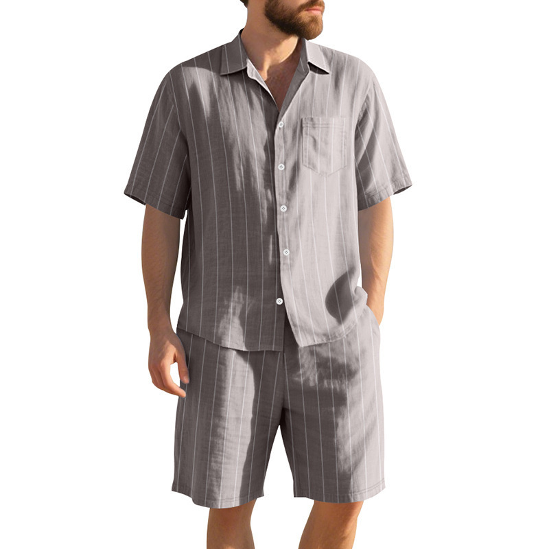 Traje de lino de verano de Amazon transfronterizo Camisa de manga corta suelta jacquard a rayas para hombre Pantalones cortos de playa de dos piezas