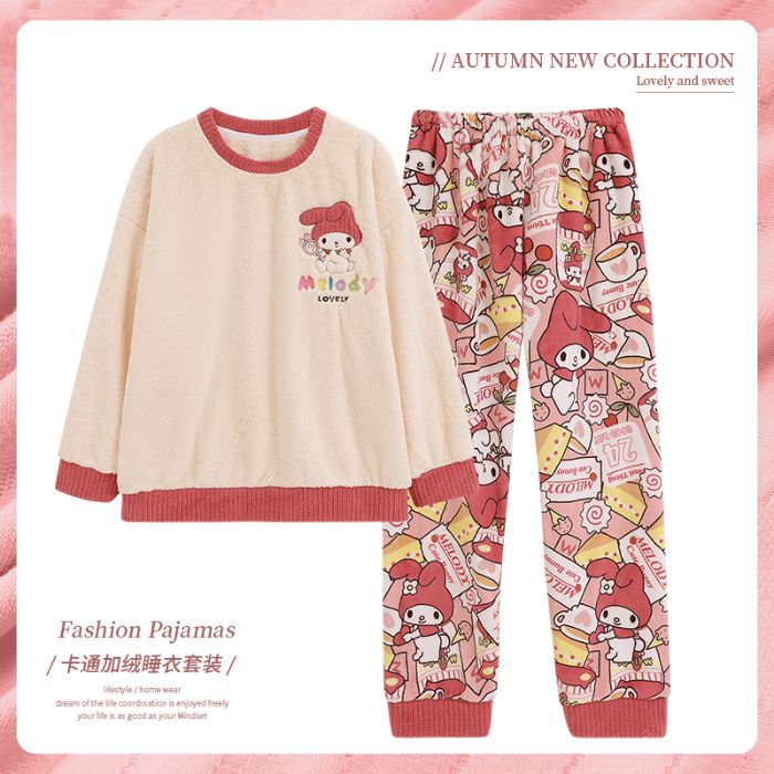 Transfronteriza al por mayor rosca de cuello redondo pijamas de temporada de franela mujeres otoño y invierno engrosado dulce dibujos animados mangas largas explosión ropa para el hogar