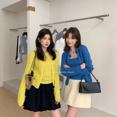 8.15 韩系简约纯色两件套针织吊带背心长袖开衫毛衣套装女26638