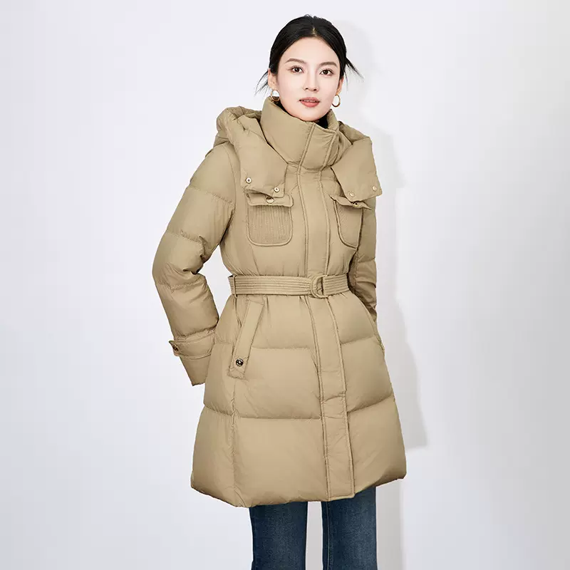 2432506-保暖加厚连帽羽绒服女系带洋气高级感白鸭绒中长款外套