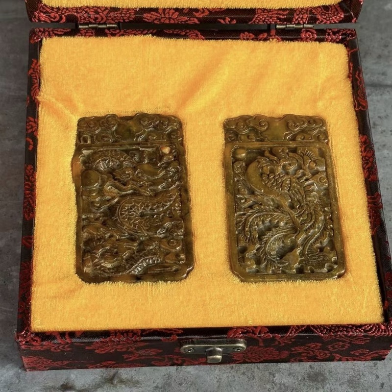 直播供货仿古做旧工艺品岫玉做旧 古风配饰 福字吉祥套盒玉牌批发|undefined
