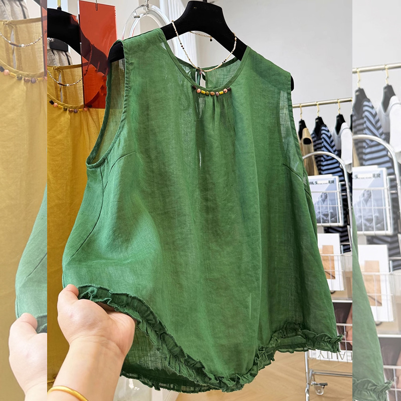 National Style New Chinese Style Plus-Size Summer Sleeveless Beaded Half-Open Collar Shirt with Ruffled Hem in Solid Color, Lazy Style Trend National Style New Chinese Style Plus-Size Summer Sleeveless Beaded Half-Open Collar Shirt with Ruffled Hem in Solid Color, Lazy Style Trend