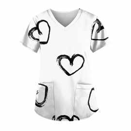 2025女士可爱甜美图片印花图案 V领 小众百搭  短袖贴袋护工服