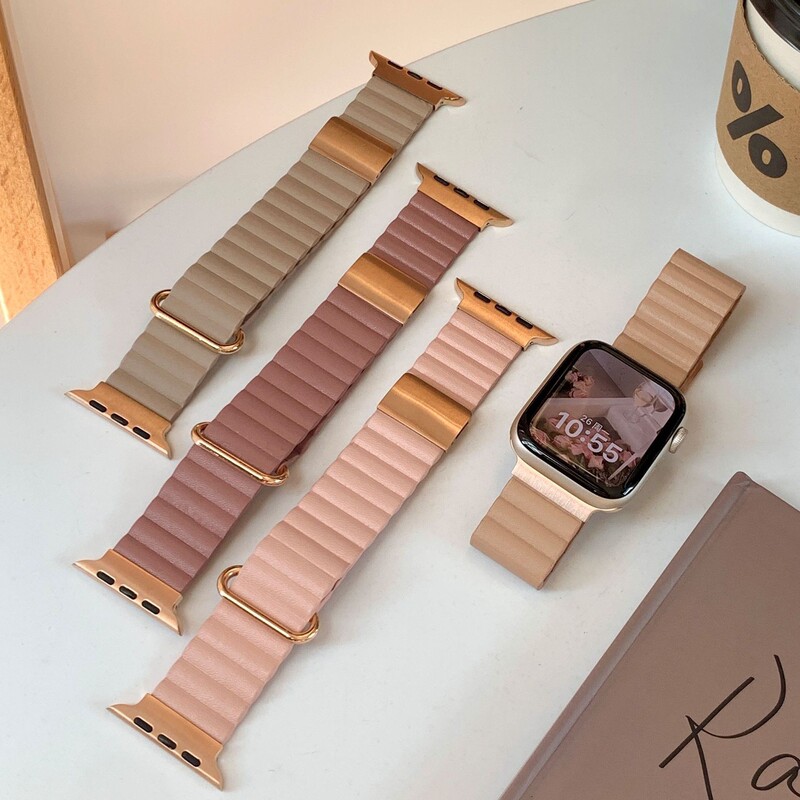 Suitable for Apple Watch 11 Strap, Lychee Pattern Leather Magnetic Suction Apple Watch S10 Generation iWatch 98765Se