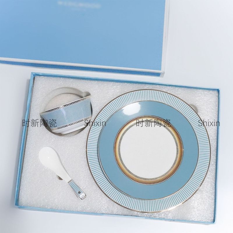 W Home Simple Sky Blue Striped Bone China Dinner Plate High-end New Household Gold-edged Plate High-grade Ceramic Dish Plate