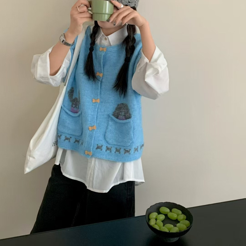 New Foreign Trade Vest for Women, Round Neck, New Knitted Vest, Cartoon Pattern, Fashionable and Versatile, Slim and Loose Sweater for Women