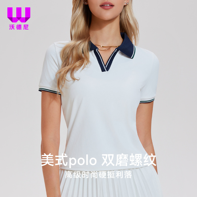 Ribbed American-Style Polo Shirt for Women, Tennis Wear, Regular Shoulder Fit, Slim Short-Sleeve T-Shirt, Summer Golf V-Neck Turn-Down Collar Top Ribbed American-Style Polo Shirt for Women, Tennis Wear, Regular Shoulder Fit, Slim Short-Sleeve T-Shirt, Summer Golf V-Neck Turn-Down Collar Top