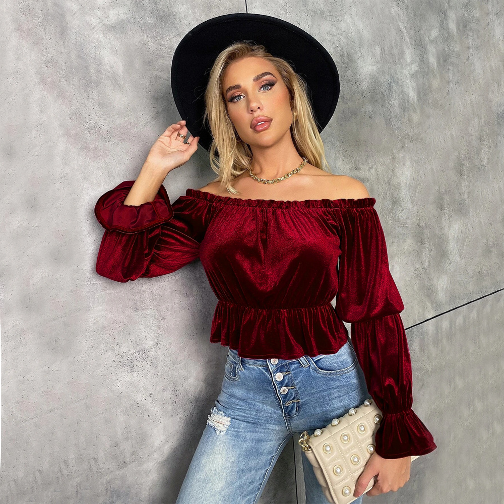 Voya Women's Clothing 2026 Spring/Summer New European And American Off-Shoulder Ruffle Elegant French Velvet Long-Sleeve T-Shirt_ecoleips.com