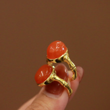 天然川料南红椭圆形竹节开口戒指s925银镀金镶嵌简约大气饰品宝石