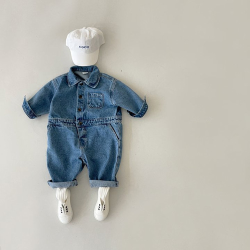 Korean infants and young children's autumn clothing, fashionable street denim jumpsuits, men's and women's baby long-sleeved work clothes, romper clothes, outdoor clothes