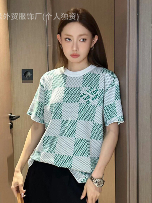 正しいバージョン Lujia 半袖 25 新しい 1v チェッカーボード ジャカード コットン ニット T シャツ、男性と女性用、多用途でルーズ|undefined