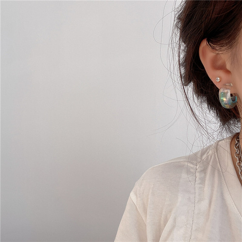 Blue Symphony Acrylic C-shaped Earrings Women's 925 Silver Needle Gradient Transparent Earrings Earrings No Holes Clip Earrings Trendy