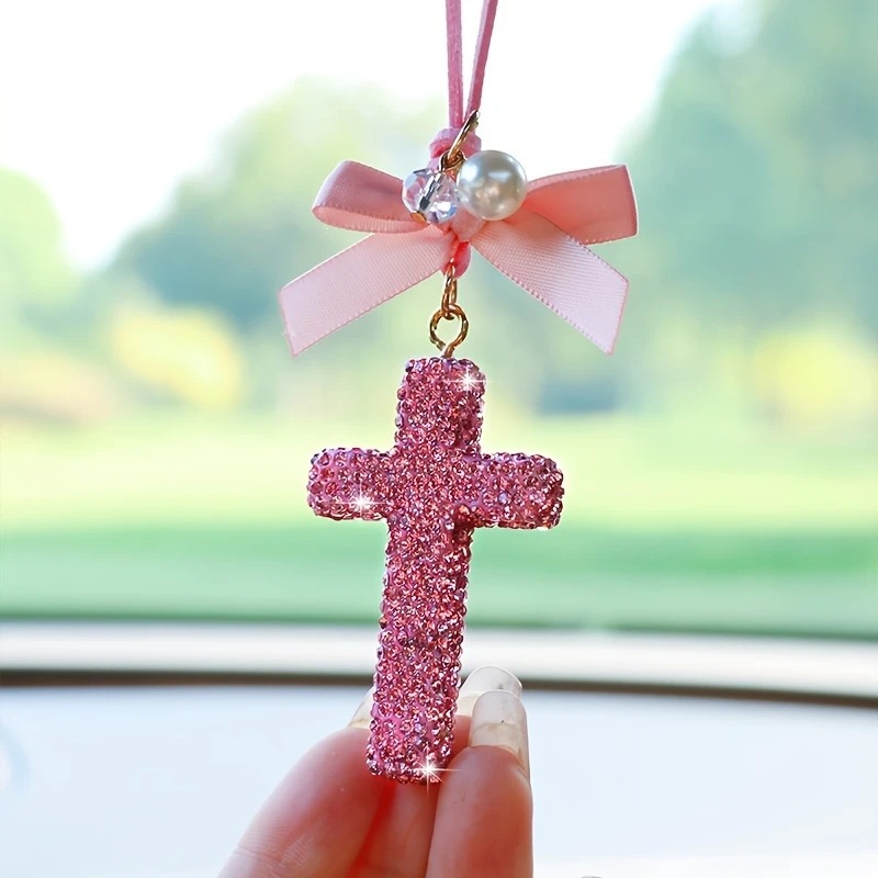 Cross-Border Personalized Car Interior Pendant Rearview Mirror Ornament with Diamond-Encrusted Cross, High-End Car Fashion Accessory Gift