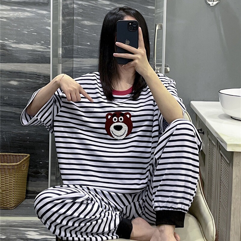 Japanese-Style Short-Sleeved Pajamas for Women, Summer Cute Embroidered Bear Loungewear, Plus Size Fat Mm, 100kg Striped Pants Set Japanese-Style Short-Sleeved Pajamas for Women, Summer Cute Embroidered Bear Loungewear, Plus Size Fat Mm, 100kg Striped Pants Set