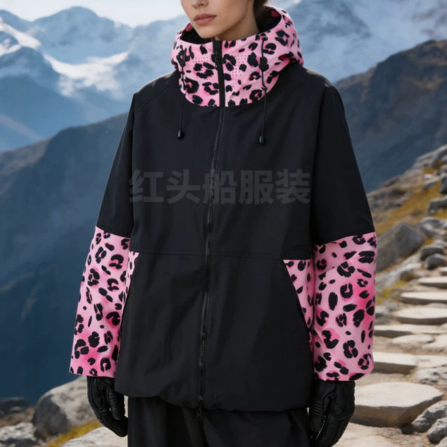 European and American women's jacket with leopard print patchwork sleeves, outdoor sports hooded windbreaker, ski jacket, cross-border women's clothing European and American women's jacket with leopard print patchwork sleeves, outdoor sports hooded windbreaker, ski jacket, cross-border women's clothing