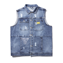 秋季潮牌大码 重工刺绣大码牛仔夹克 无袖马甲宽松男士马甲 N175