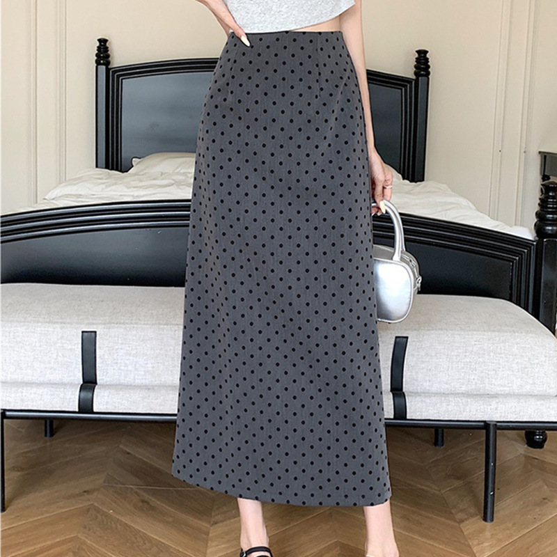 ハイウエスト水玉柄スカート レディース Aライン スリット入りミディ丈 2026夏新作 水玉柄ヒップスカートA 在庫あり