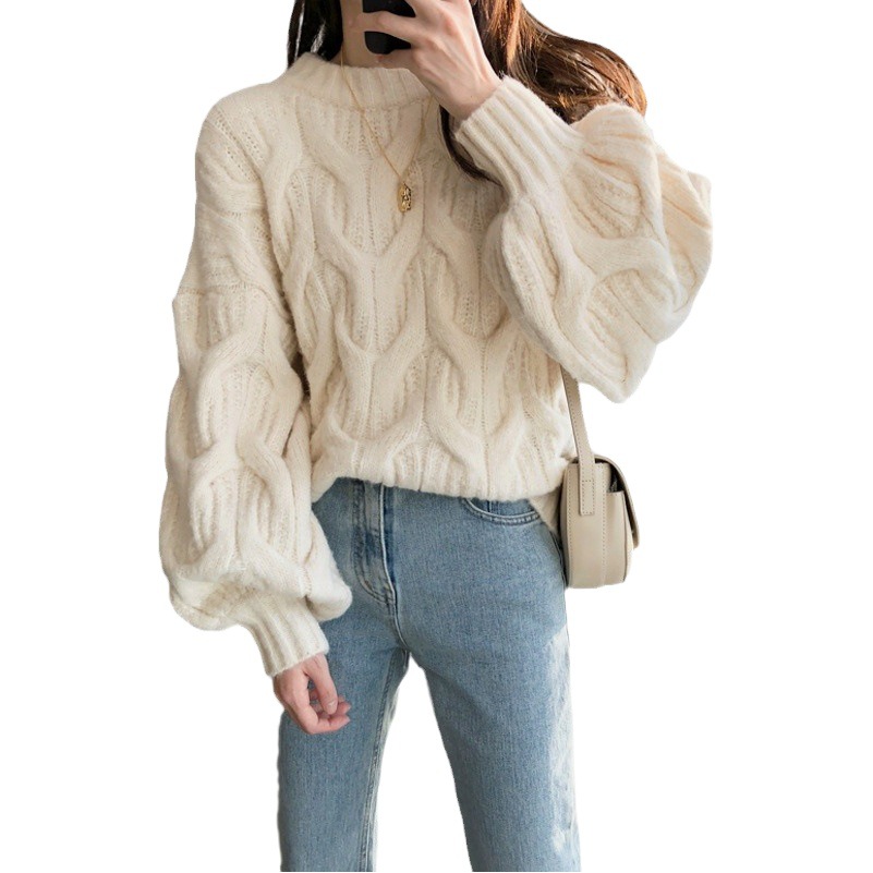 Linterna puff manga cuello redondo Twist pullover mujeres otoño y el invierno estilo perezoso coreano flojo grueso trenzado suéter
